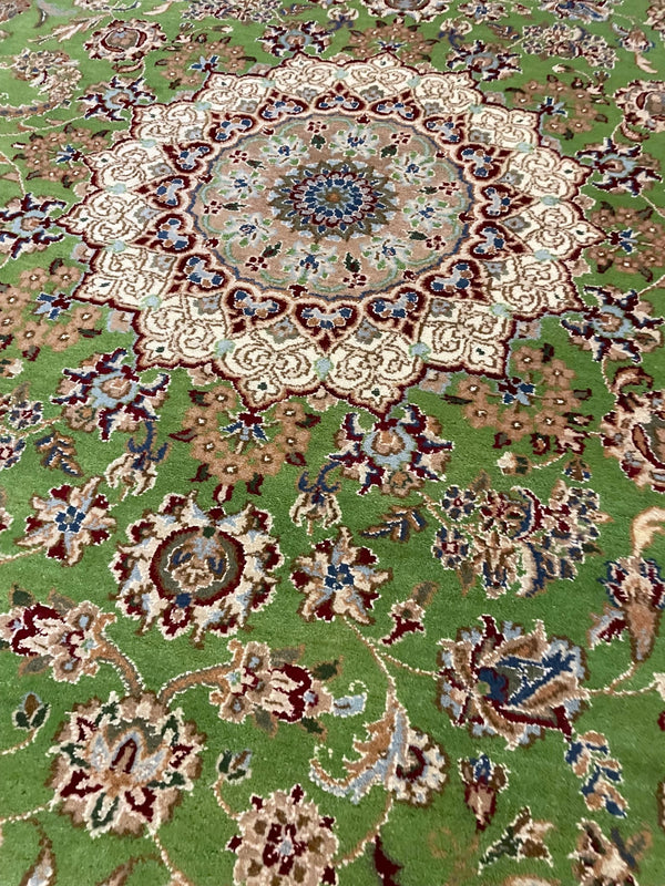 Close-up of hand-tied knots on an authentic hand-knotted wool rug