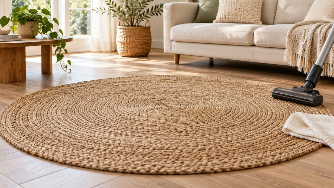 Natural round jute rug in a bright living room with vacuum and clean white cloth nearby