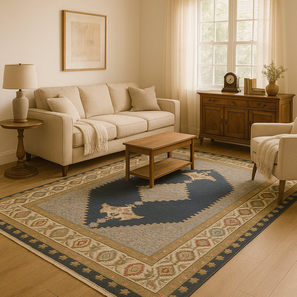 Handmade hand-knotted wool Serapi area rug in a living room