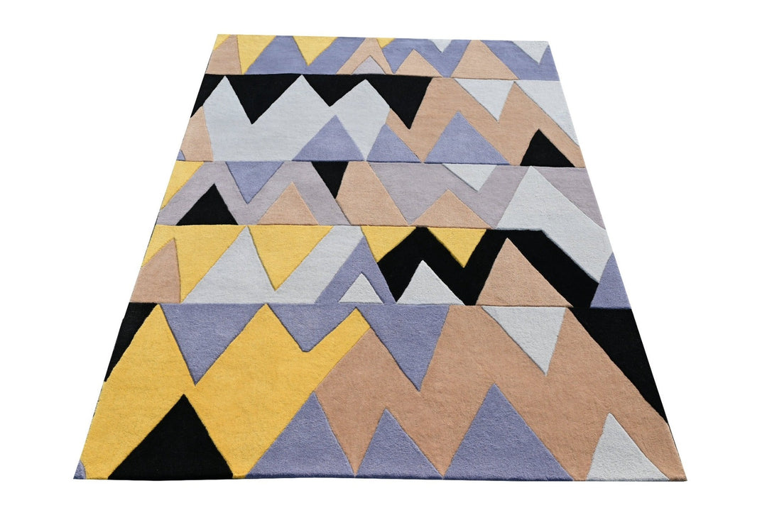 Wool Living and Bedroom Area Runner Rug, Triangular Pattern, Yellow & Black , Modern Area rugs, High and Low pile