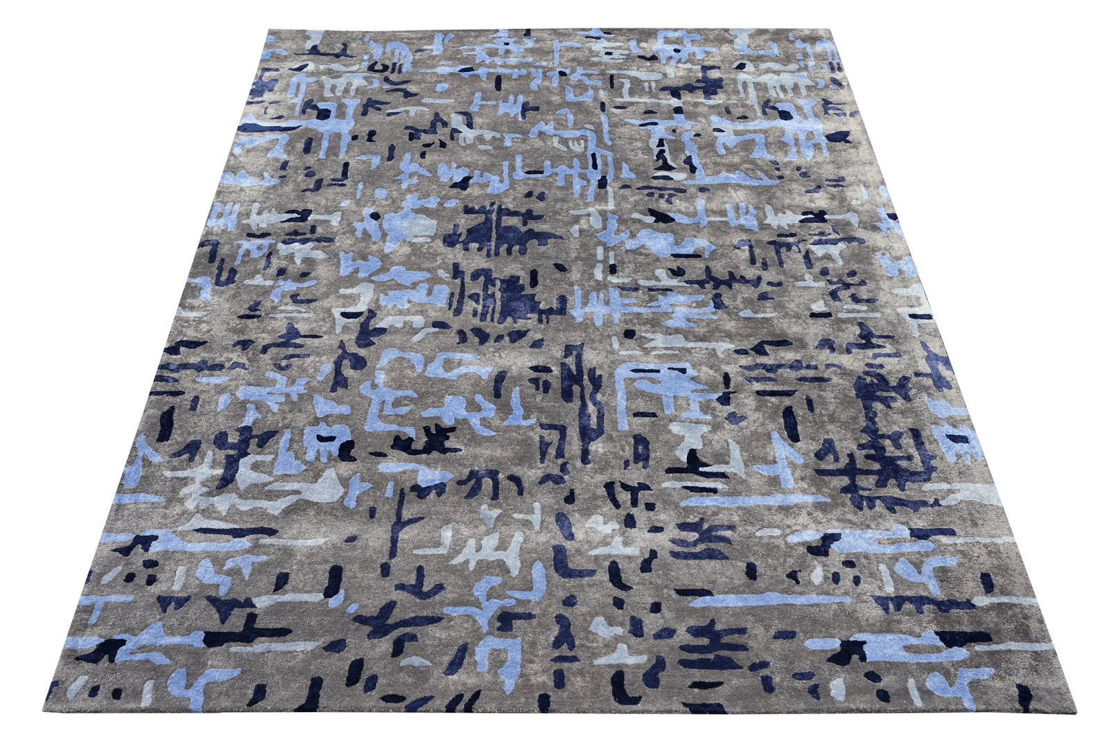 Gray and blue silk area rug hand-tufted