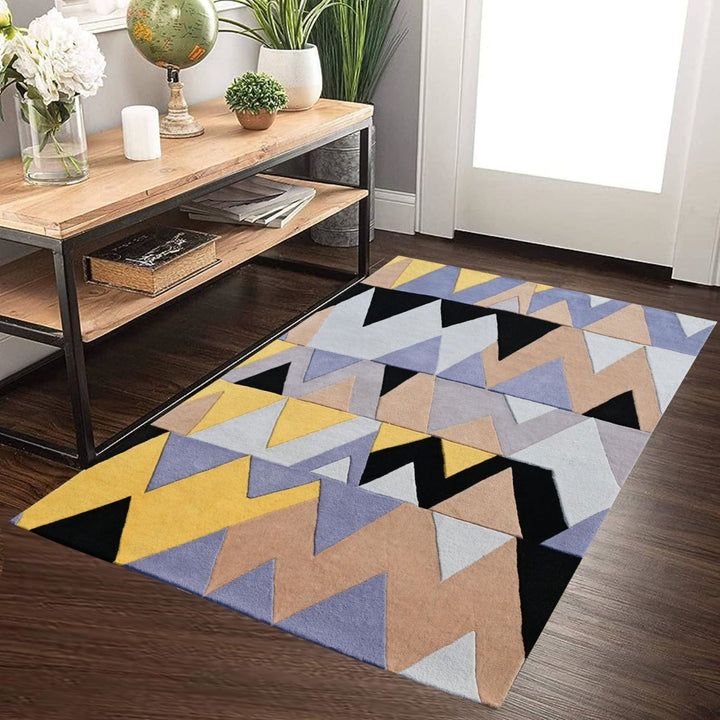 Wool Living and Bedroom Area Runner Rug, Triangular Pattern, Yellow & Black , Modern Area rugs, High and Low pile