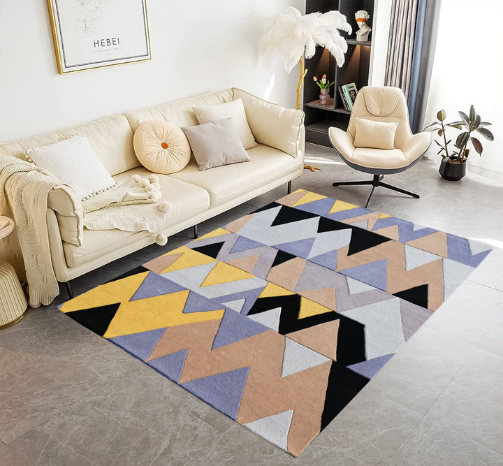 Wool Living and Bedroom Area Runner Rug, Triangular Pattern, Yellow & Black , Modern Area rugs, High and Low pile