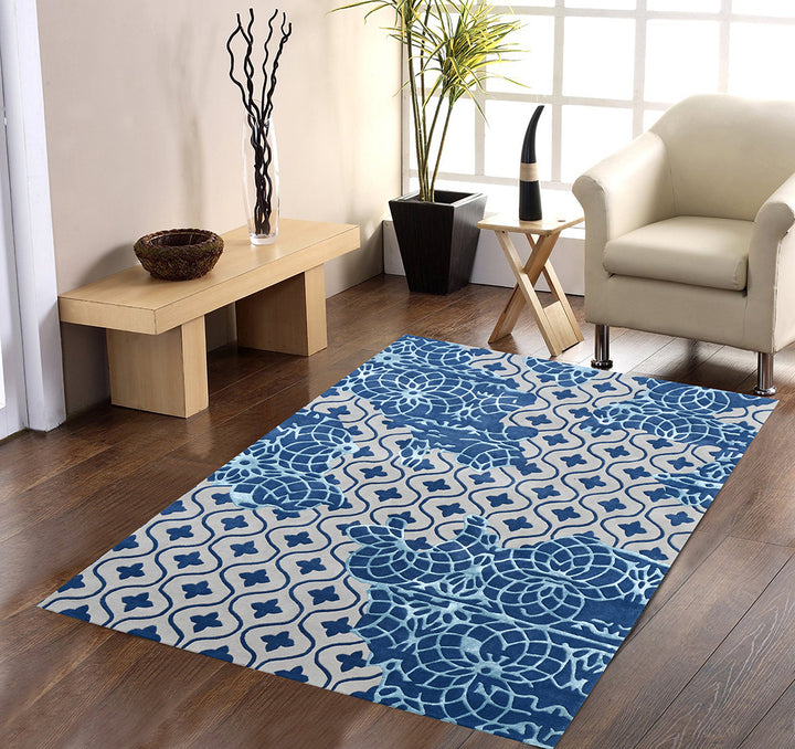 Hand made Blue and White Wool Area rugs in floral pattern 5 x 8 ft. and 8 x 10 ft.