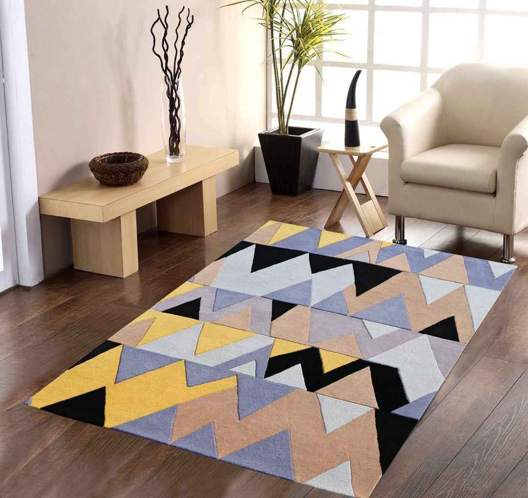 Wool Living and Bedroom Area Runner Rug, Triangular Pattern, Yellow & Black , Modern Area rugs, High and Low pile