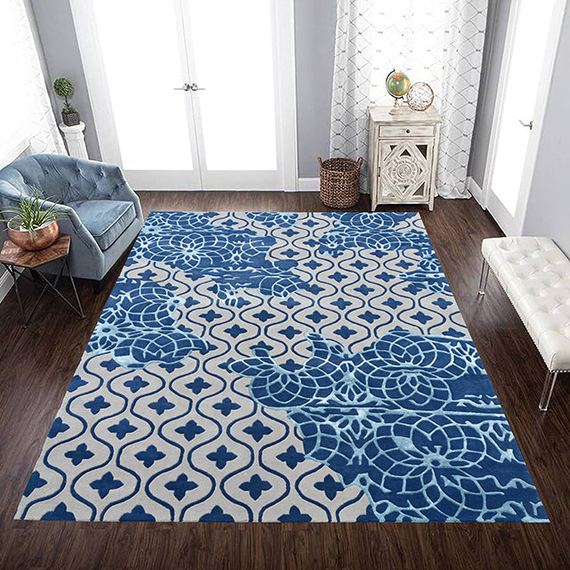 Hand made Blue and White Wool Area rugs in floral pattern 5 x 8 ft. and 8 x 10 ft.