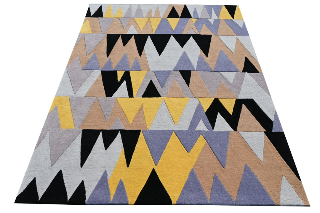 Wool Living and Bedroom Area Runner Rug, Triangular Pattern, Yellow & Black , Modern Area rugs, High and Low pile