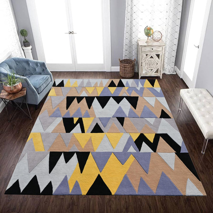 Wool Living and Bedroom Area Runner Rug, Triangular Pattern, Yellow & Black , Modern Area rugs, High and Low pile