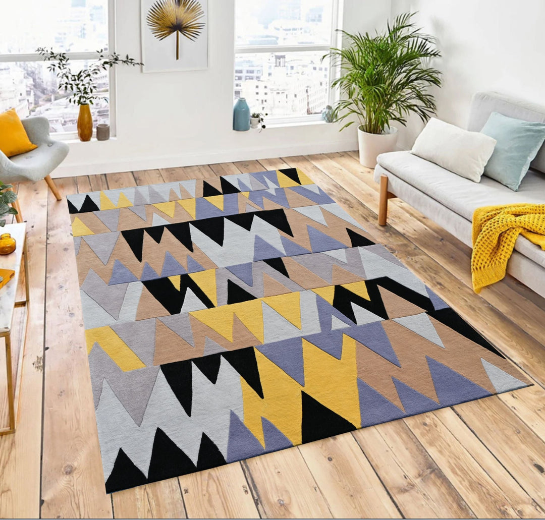 Wool Living and Bedroom Area Runner Rug, Triangular Pattern, Yellow & Black , Modern Area rugs, High and Low pile