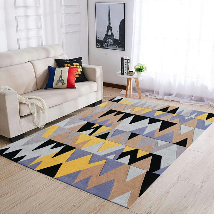 Wool Living and Bedroom Area Runner Rug, Triangular Pattern, Yellow & Black , Modern Area rugs, High and Low pile