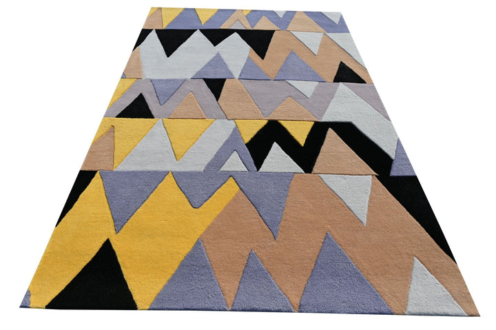 Wool Living and Bedroom Area Runner Rug, Triangular Pattern, Yellow & Black , Modern Area rugs, High and Low pile