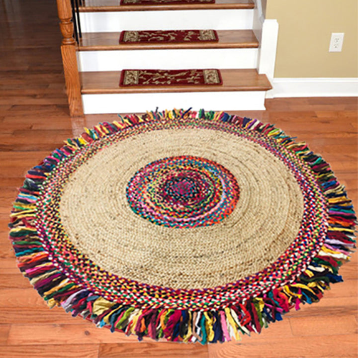 Fringed Jute and cotton Round Area rug in Red & Beige color 4 ft. and 6 ft. diameter for foyer, entry way and Home decoration