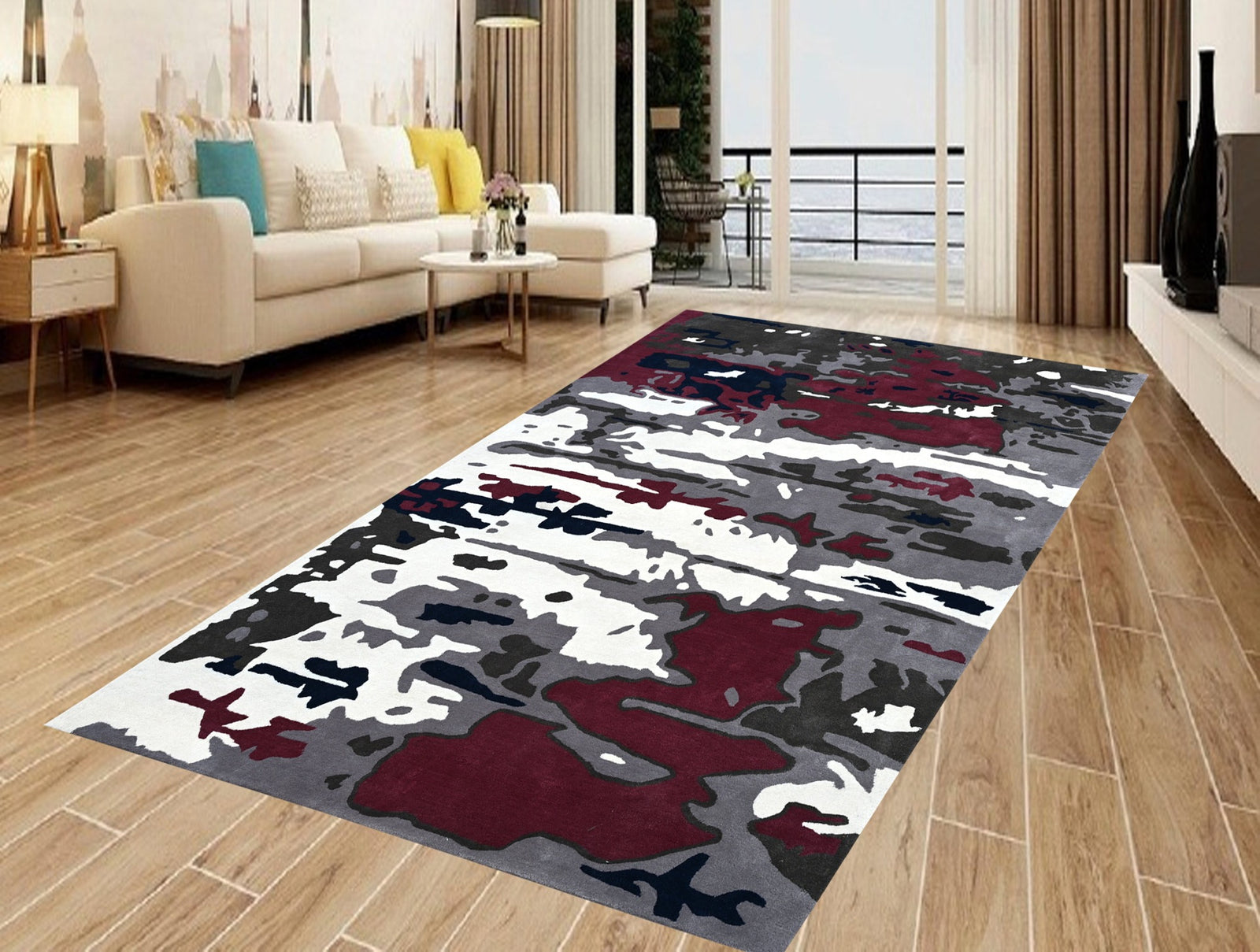 Modern abstract wool area rug in red and grey color