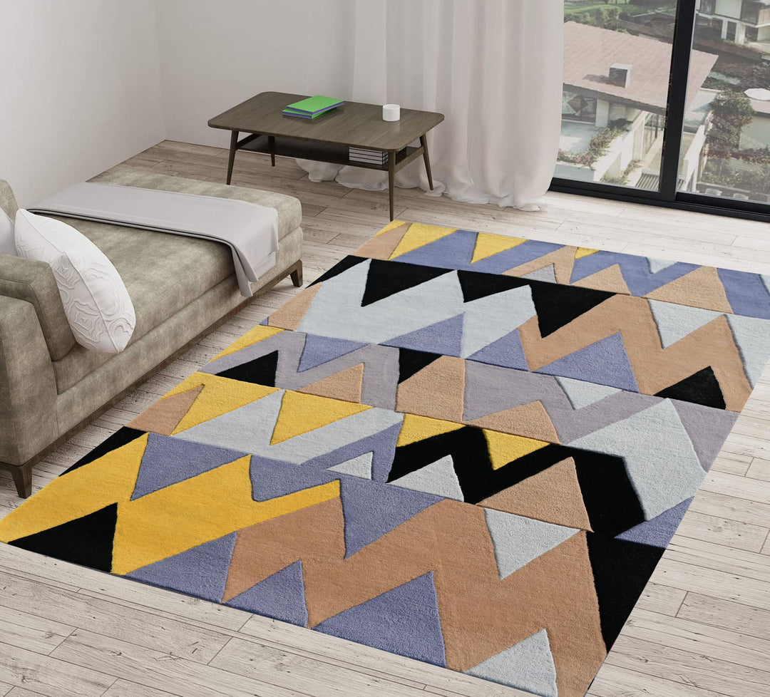 Wool Living and Bedroom Area Runner Rug, Triangular Pattern, Yellow & Black , Modern Area rugs, High and Low pile