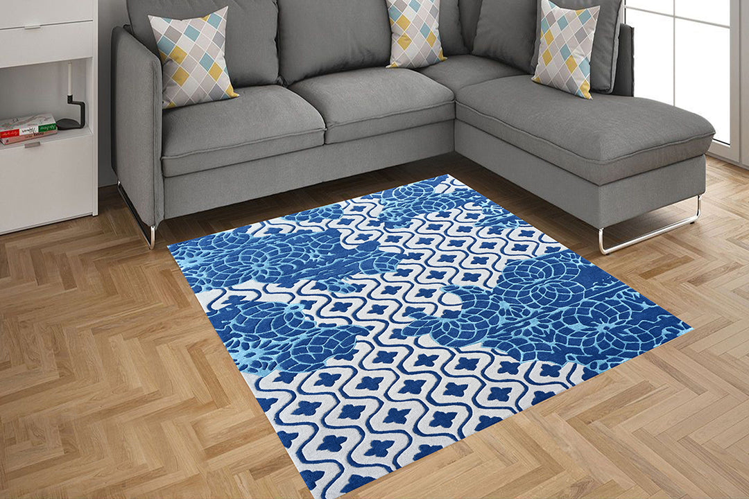 Hand made Blue and White Wool Area rugs in floral pattern 5 x 8 ft. and 8 x 10 ft.