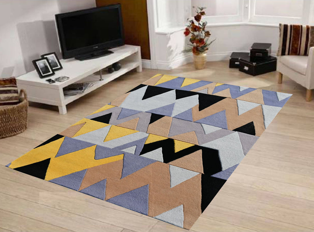 Wool Living and Bedroom Area Runner Rug, Triangular Pattern, Yellow & Black , Modern Area rugs, High and Low pile