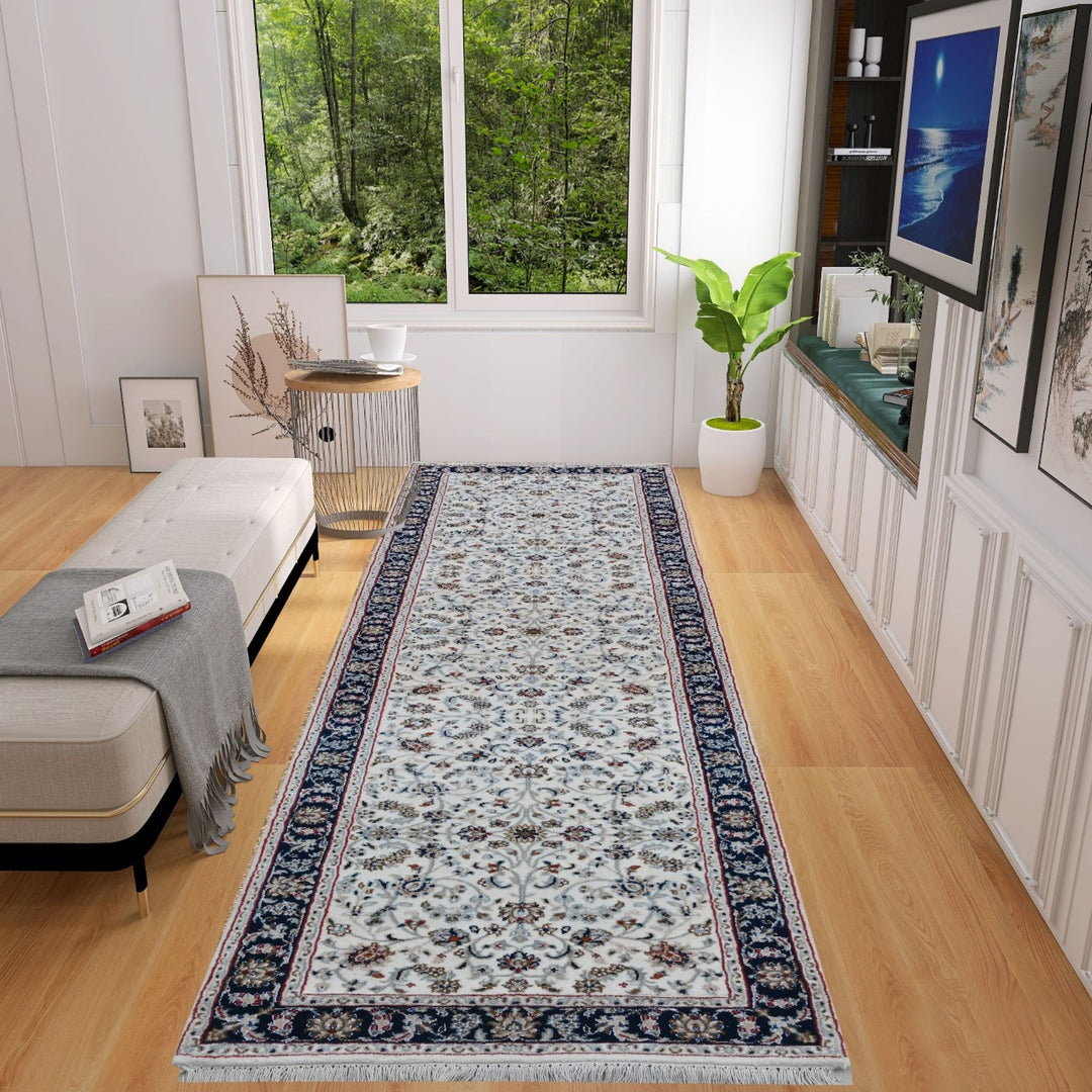 Premium Wool Area Rug, Blue and cream color, Indo Nain Kashan Design, Persian Area rug