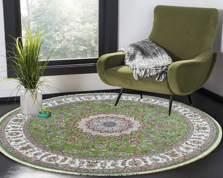 Handmade Round Wool Area Rug, Indo Nain-Kashan Design