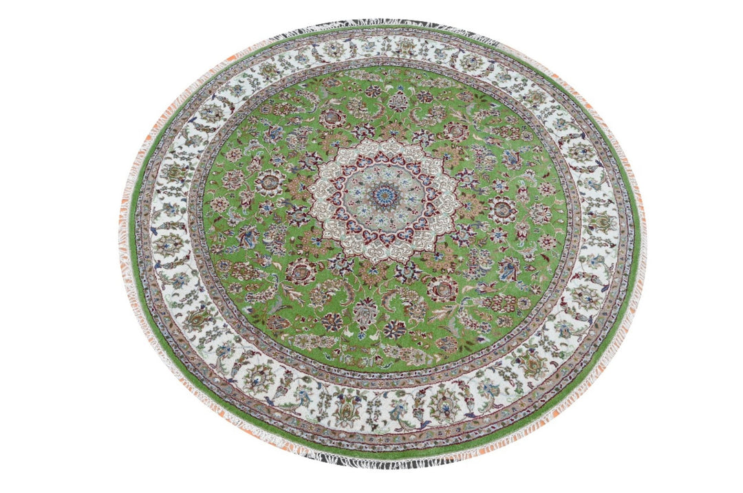 Handmade Round Wool Area Rug, Indo Nain-Kashan Design