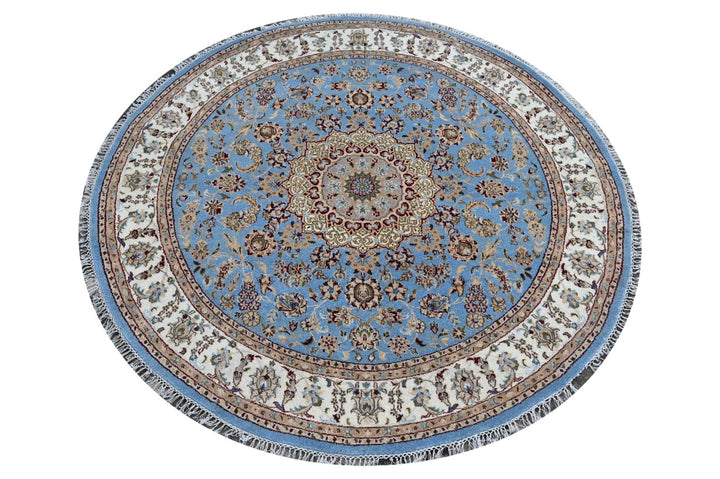 Handmade Round Wool Area Rug, Indo Nain-Kashan Design