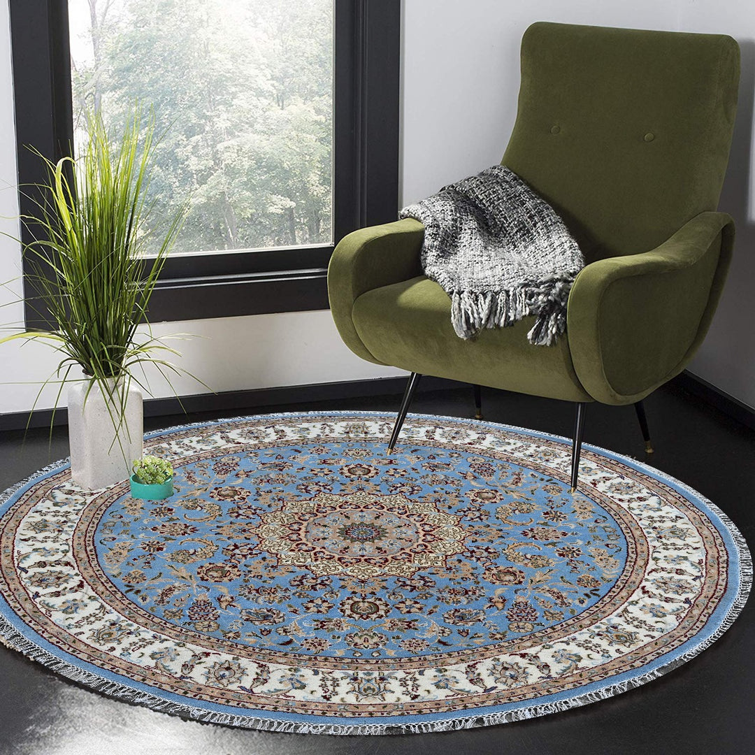 Handmade Round Wool Area Rug, Indo Nain-Kashan Design