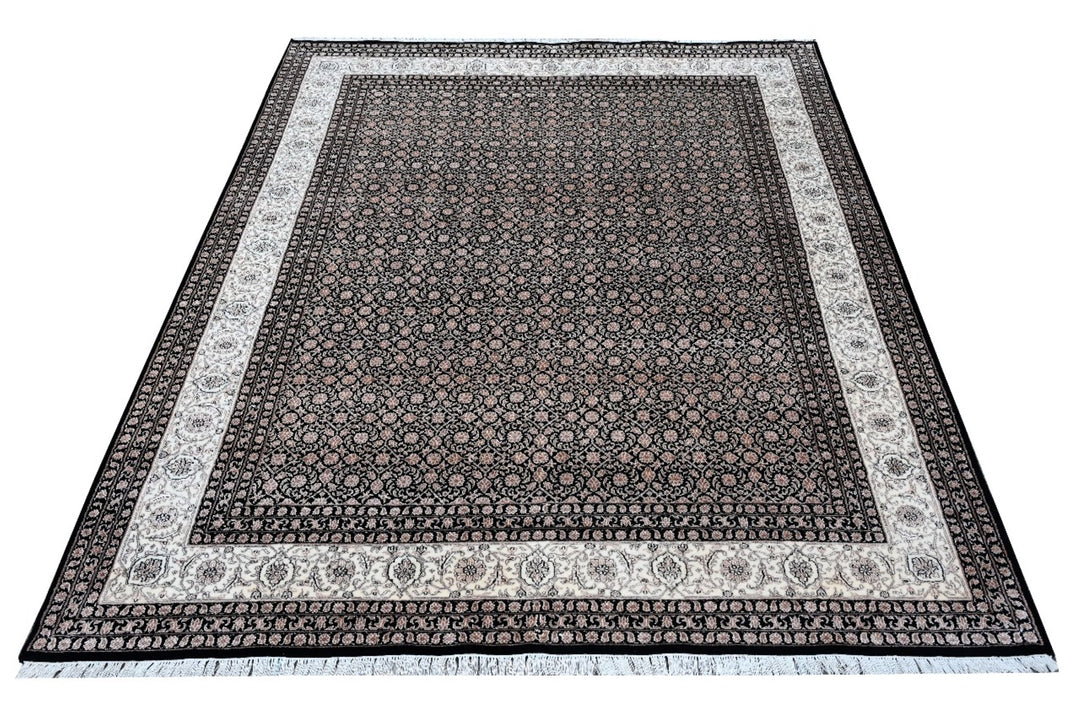 Handmade Wool Silk Area Rugs for living room & Bedroom, Charcoal and white color, Hand knotted,