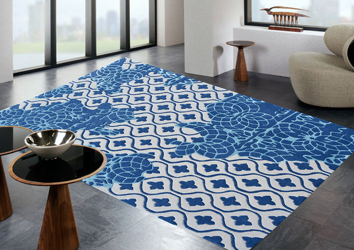 Hand made Blue and White Wool Area rugs in floral pattern 5 x 8 ft. and 8 x 10 ft.