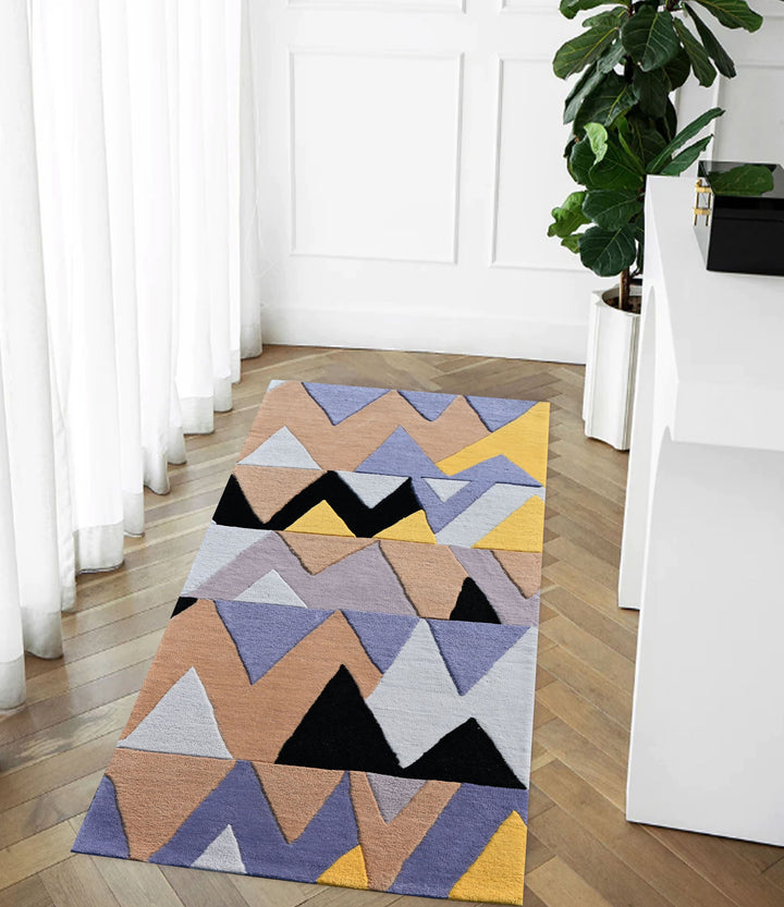 Wool Living and Bedroom Area Runner Rug, Triangular Pattern, Yellow & Black , Modern Area rugs, High and Low pile