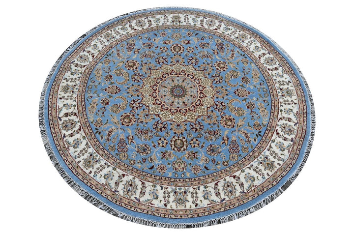 Handmade Round Wool Area Rug, Indo Nain-Kashan Design