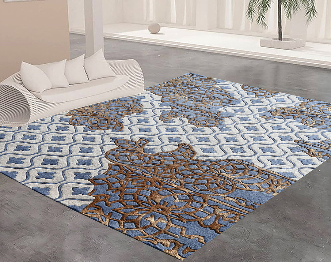 Hand made Blue and White Wool Area rugs in floral pattern 5 x 8 ft. and 8 x 10 ft.