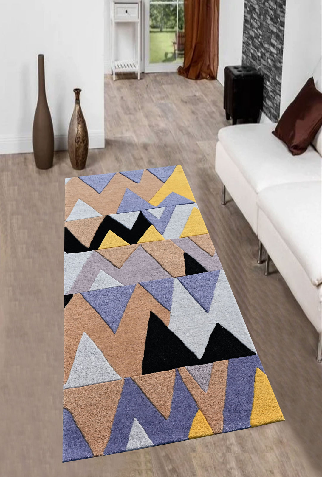 Wool Living and Bedroom Area Runner Rug, Triangular Pattern, Yellow & Black , Modern Area rugs, High and Low pile