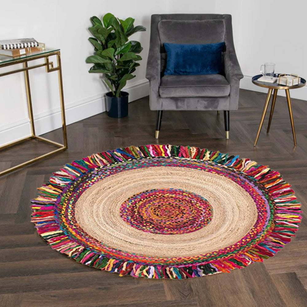 Multicolor fringed jute and cotton round area rug