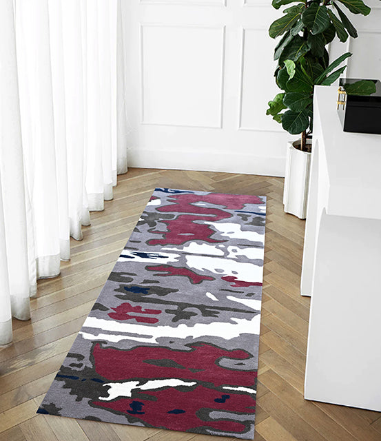 Modern abstract wool runner rug in red and grey