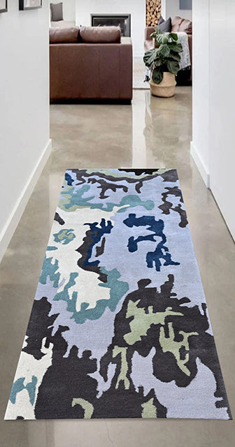 Grey and blue modern abstract runner rug