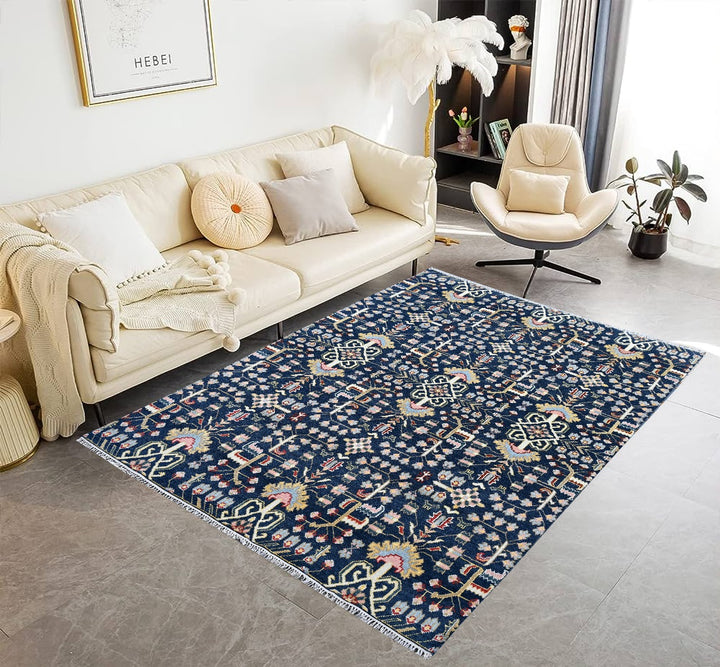 Hand knotted Wool Area Rugs Indo-Sherapi Design, in gray, blue & off white cream,