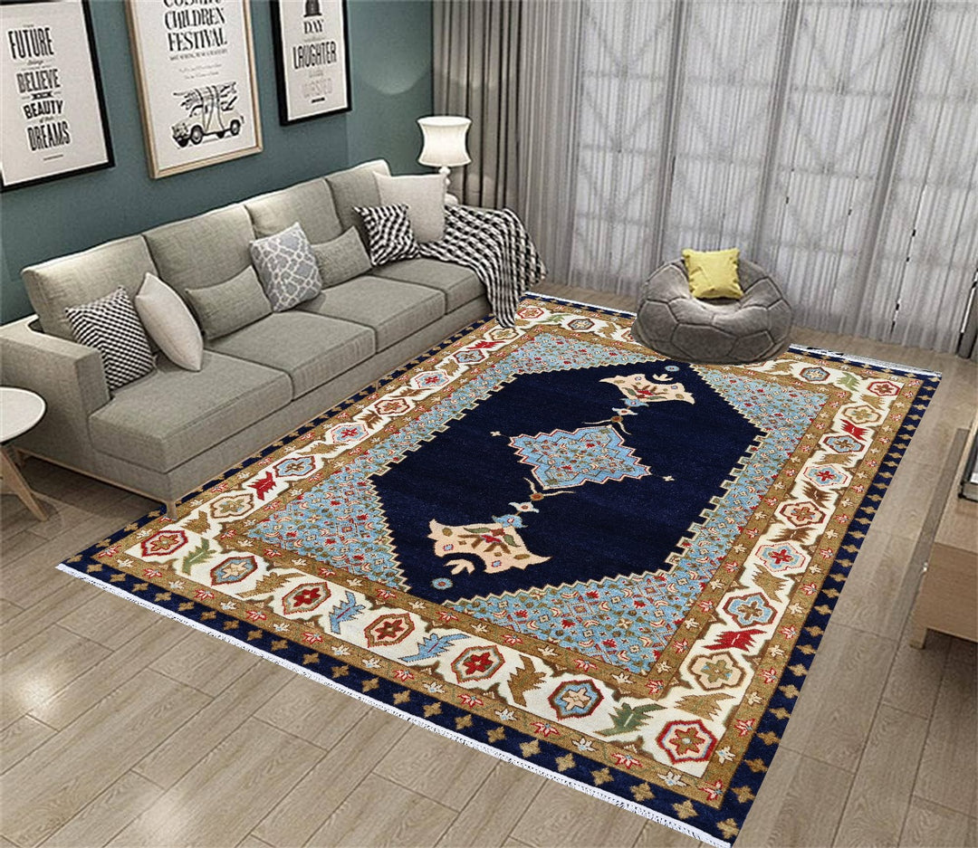 Hand knotted Wool Area Rugs Indo-Sherapi Design, in gray, blue & off white cream,