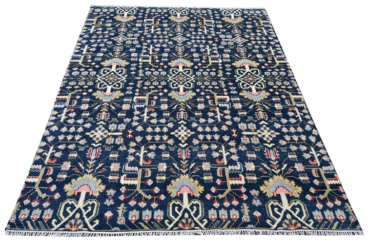 Hand knotted Wool Area Rugs Indo-Sherapi Design, in gray, blue & off white cream,