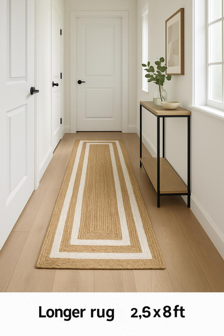 Beige and white Area rug Runner, Hand braided, Runner for hallway, living room and indoor living space.