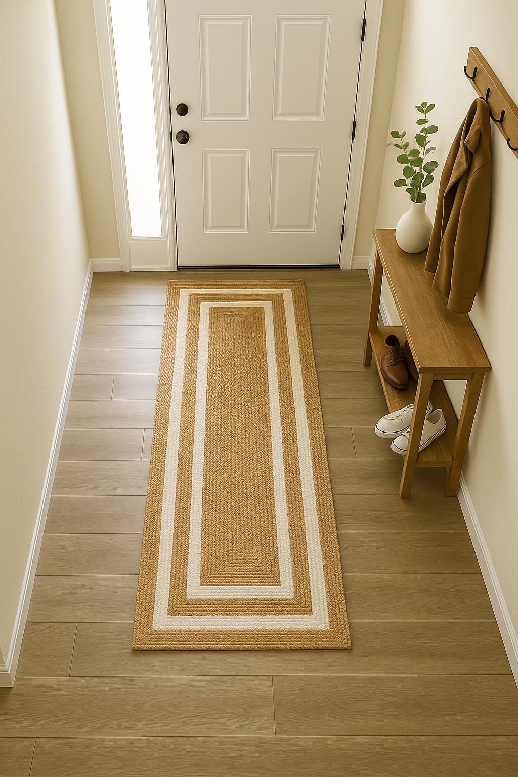 Beige and white jute runner, bird's eye view
