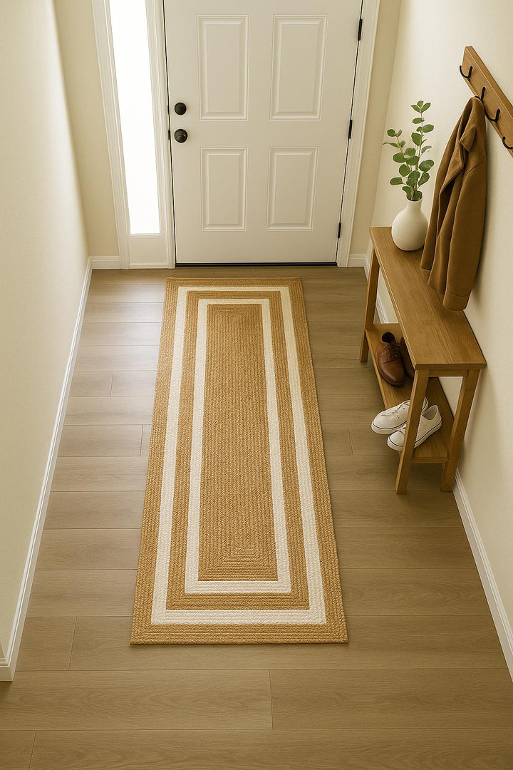 Beige and white Area rug Runner, Hand braided, Runner for hallway, living room and indoor living space.