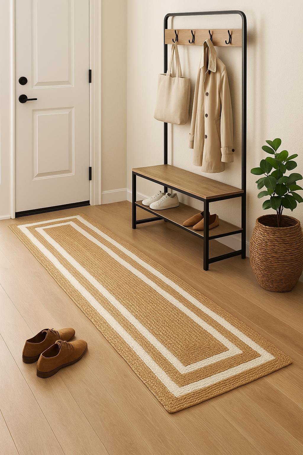 Beige and white Area rug Runner, Hand braided, Runner for hallway, living room and indoor living space.