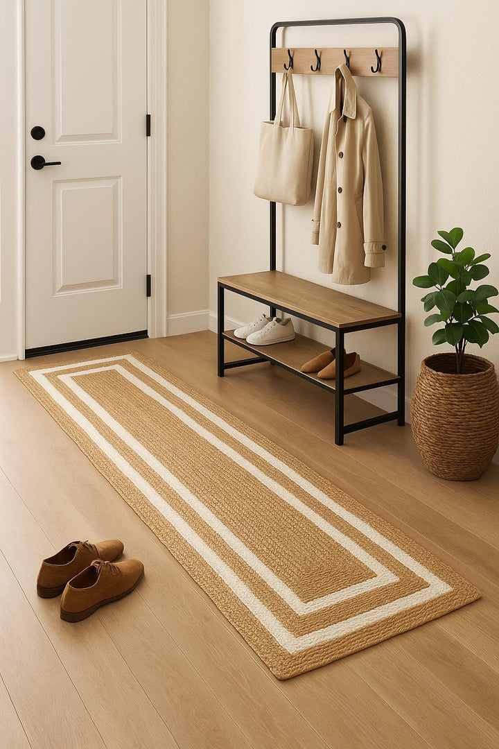 Beige and white Area rug Runner, Hand braided, Runner for hallway, living room and indoor living space.