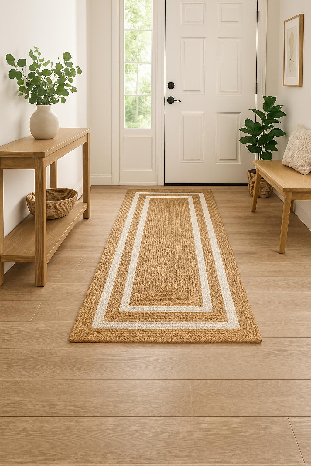 Beige and white Area rug Runner, Hand braided, Runner for hallway, living room and indoor living space.