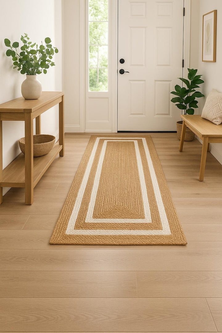 Beige and white Area rug Runner, Hand braided, Runner for hallway, living room and indoor living space.