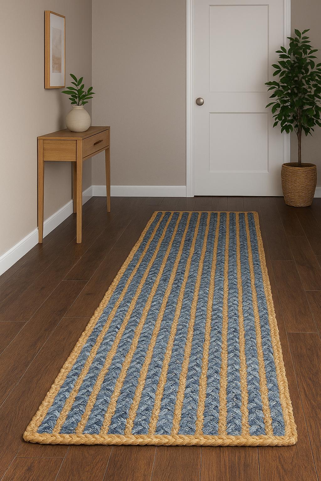 Denim runner rug styled in hallway