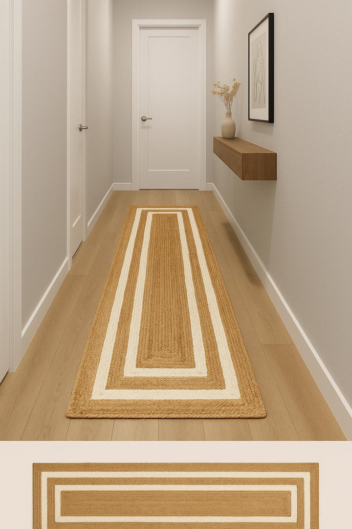 Beige and white Area rug Runner, Hand braided, Runner for hallway, living room and indoor living space.