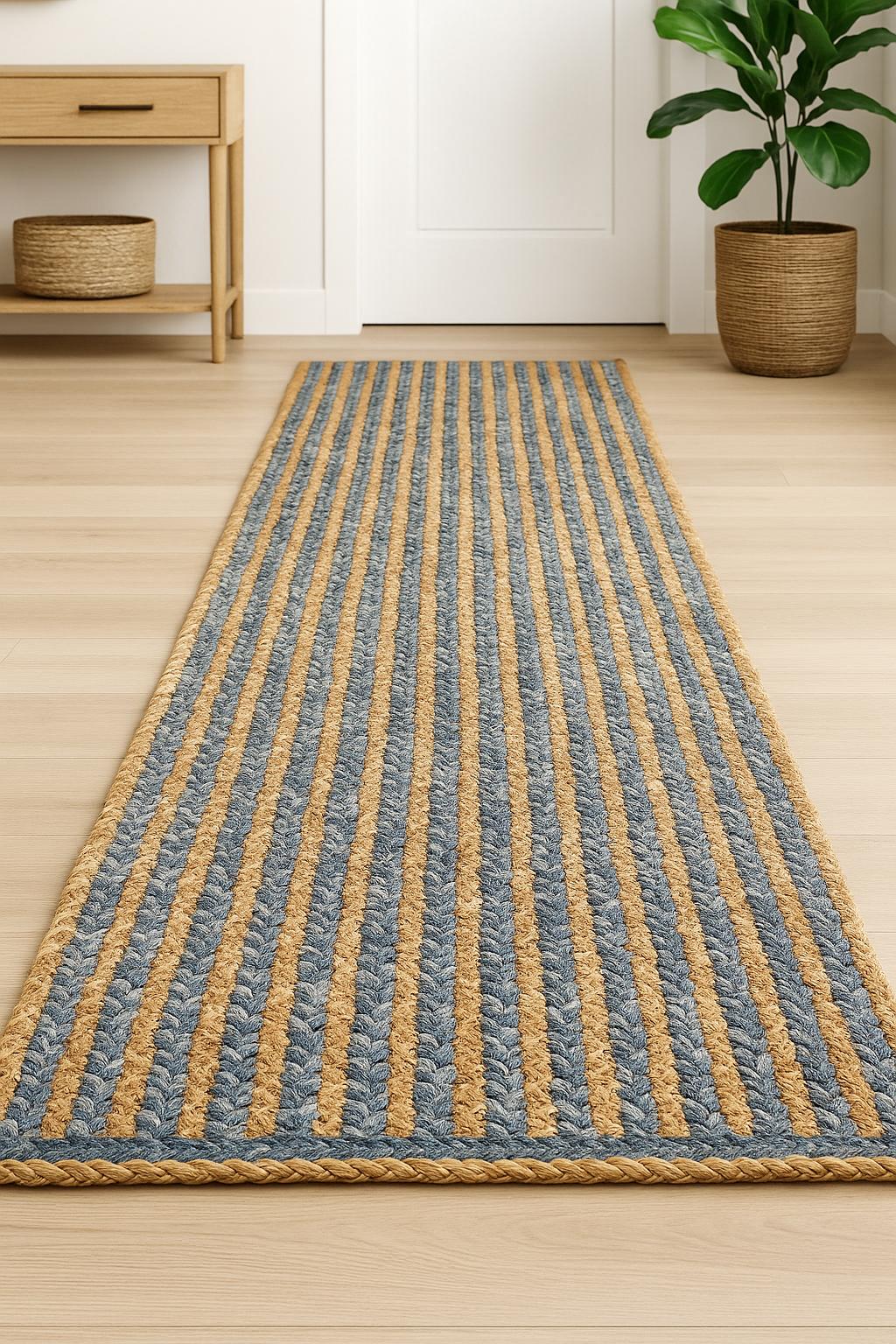 Denim blue and beige runner rug long view