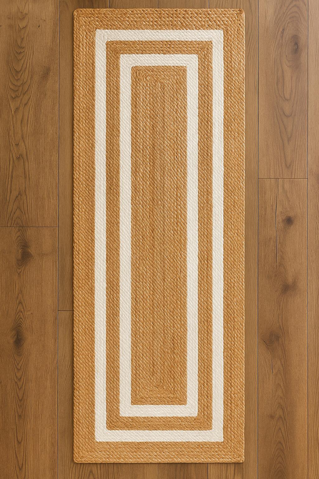 Beige and white Area rug Runner, Hand braided, Runner for hallway, living room and indoor living space.