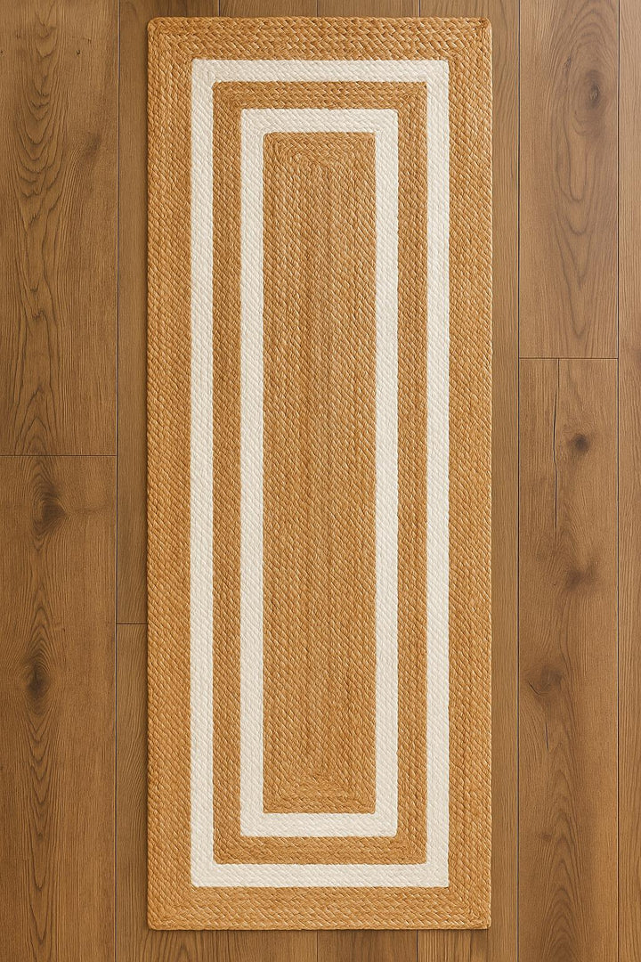 Beige and white Area rug Runner, Hand braided, Runner for hallway, living room and indoor living space.