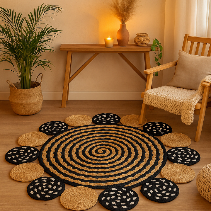 Round Area rugs Handmade, foyer entryway, living room rugs, home decoration, Beige and Black area rug